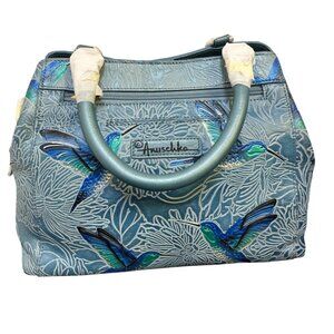 Anuschka Blue Hand-Painted Leather Shoulder Bag Bird Sky